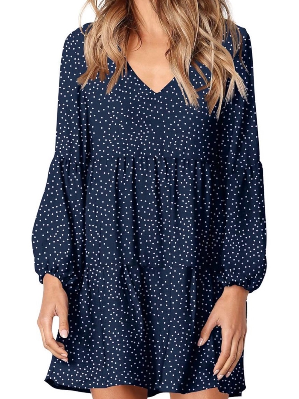 Navy Polka Dot V-Neck Tiered Dress